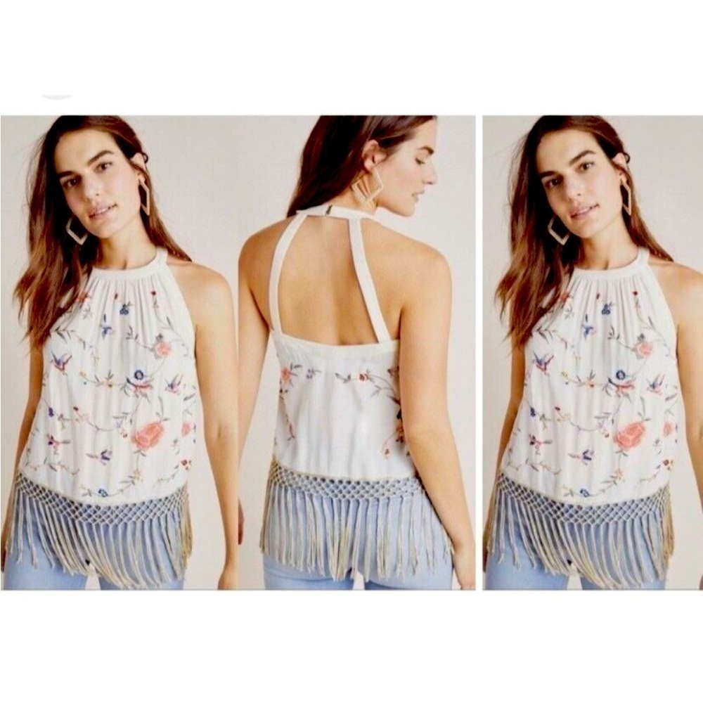 ANTHROPOLOGIE EMBROIDERED BIRDS FUN FLORAL PRINT FRINGE GATSBY HALTER STYLE … - Picture 13 of 14